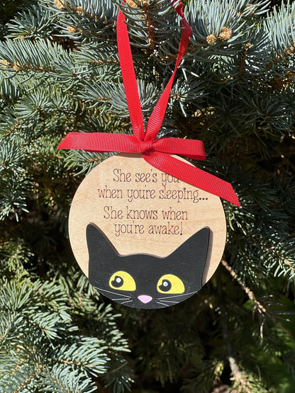She sees you when you're sleeping black cat ornament