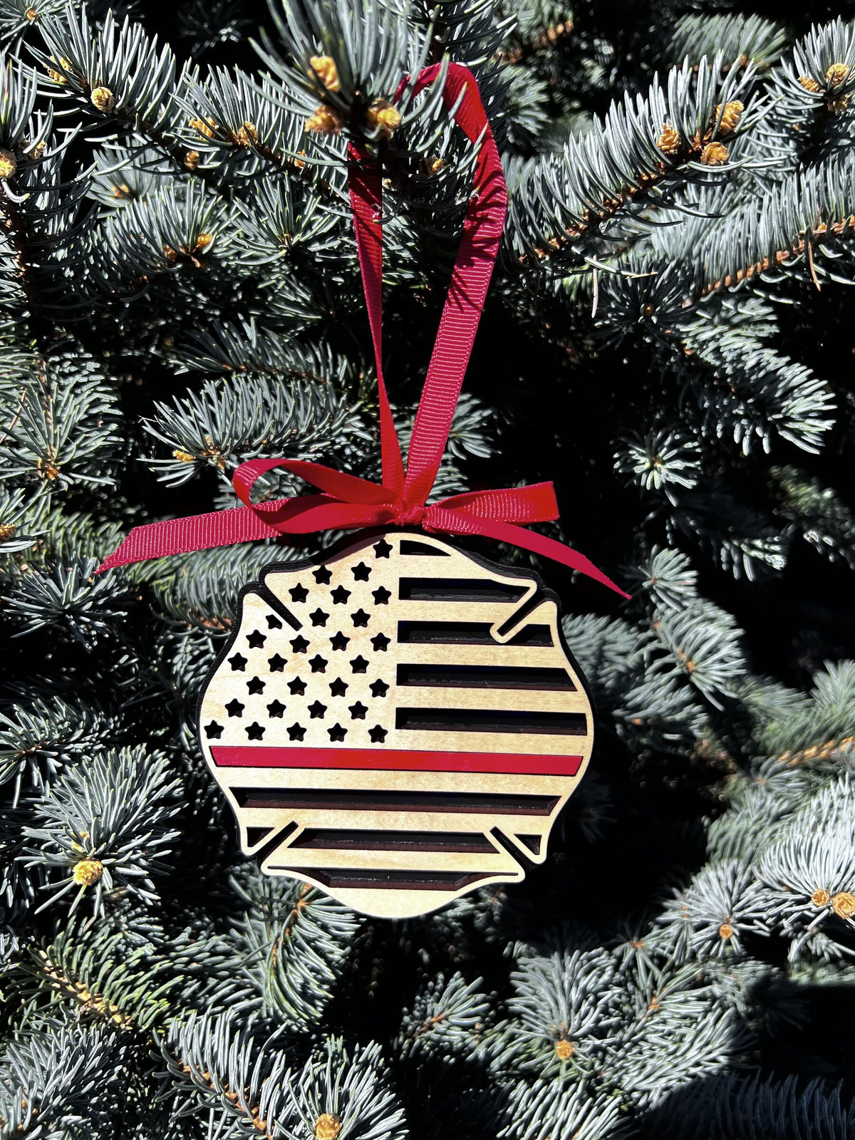 Fire department flag ornament with thin red line