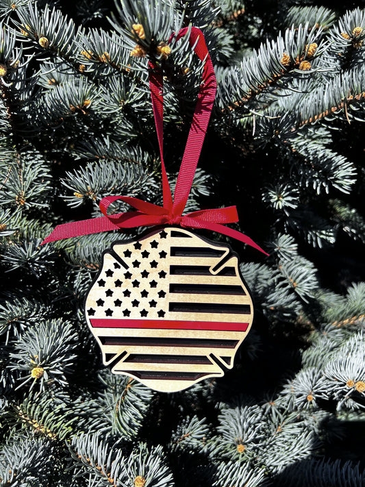 Fire department flag ornament with thin red line