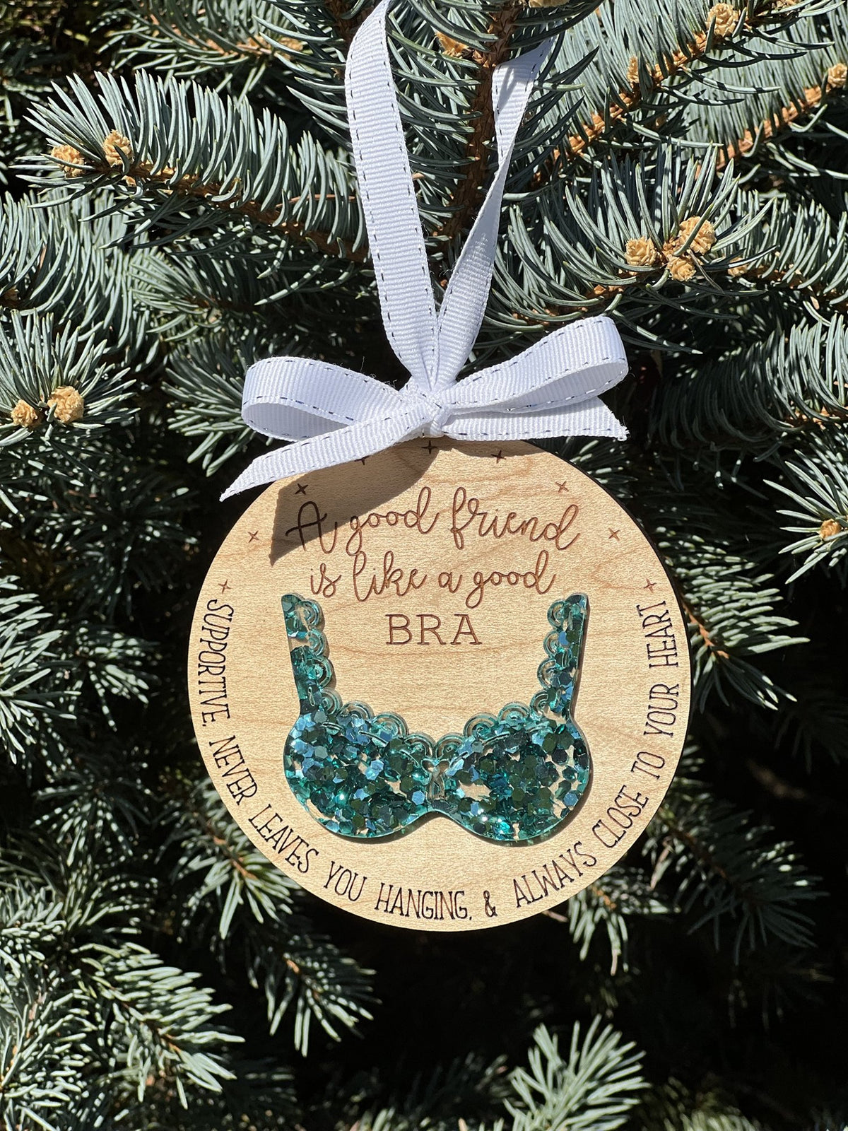 Friends are like bras ornament in teal glitter