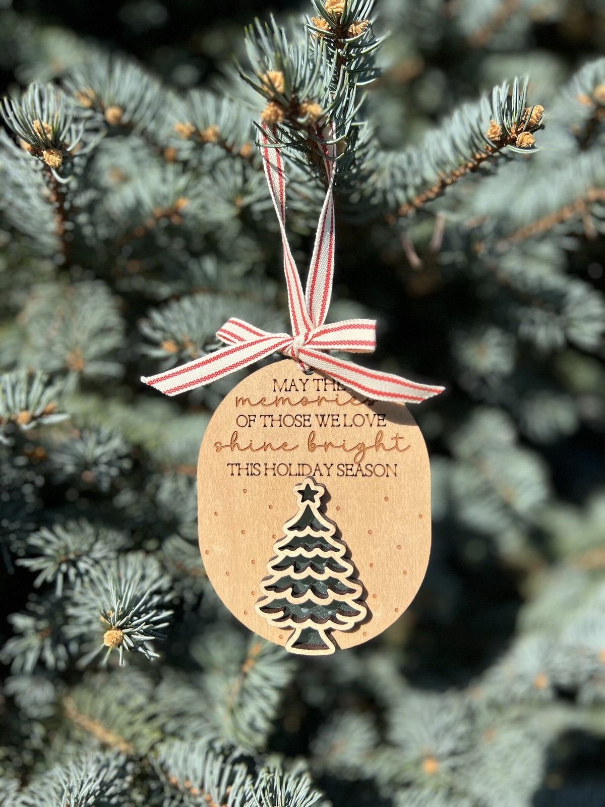 Memories shine bright ornament with red and white string