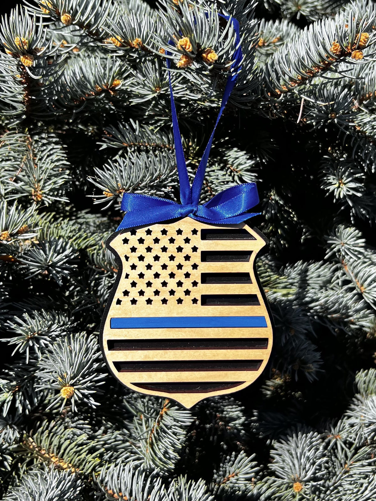 Police badge flag ornament with thin blue line