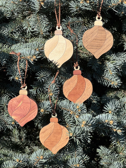 Classic wood ornaments hanging on a tree